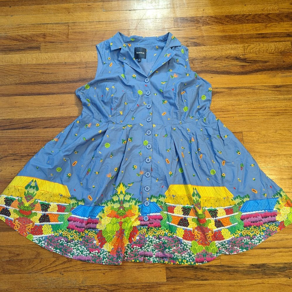 Modcloth Blue Farmer’s Market Shirt Dress with Flowers and Fruit Pattern 3X